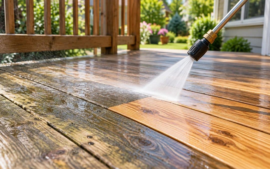 Close-up of power washing a wooden deck to remove dirt, algae, and mildew, revealing clean wood without damaging the surface.